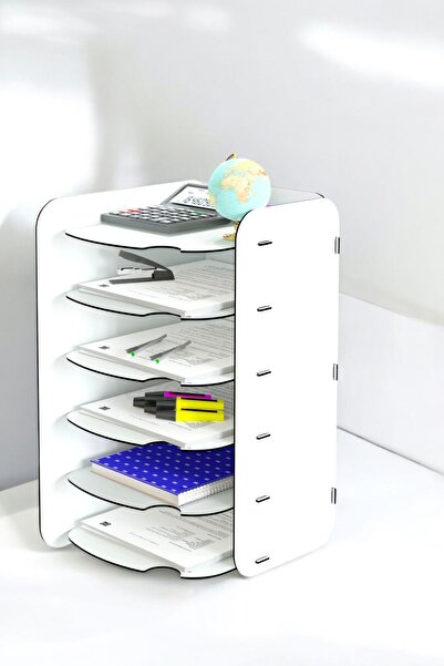 Evene Dosya Düzenleyici Masa Üstü Organizer Ahşap Evrak Rafı Beyaz Renk Model 26