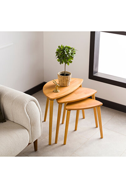 furnirem Elips Yan Sehpa 3'lü Zigon Set, Masif Doğal Ahşap - Meşe