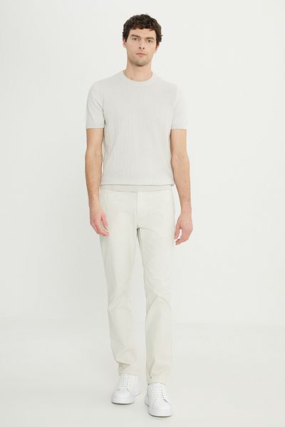 AC&Co / Altınyıldız Classics Ανδρικό ανοιχτό γκρι 100% βαμβακερό μπλουζάκι με κανονική εφαρμογή με λαιμόκοψη ζακάρ πλεκτό