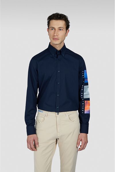 PAUL&SHARK Men's Regular Fit 100% Cotton Sleeve Printed Long Sleeve Navy Blue Shirt 25413531 -013