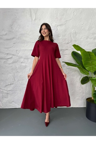 Elif Özbey Butik Bordo Bisiklet Yaka Uzun Elbise
