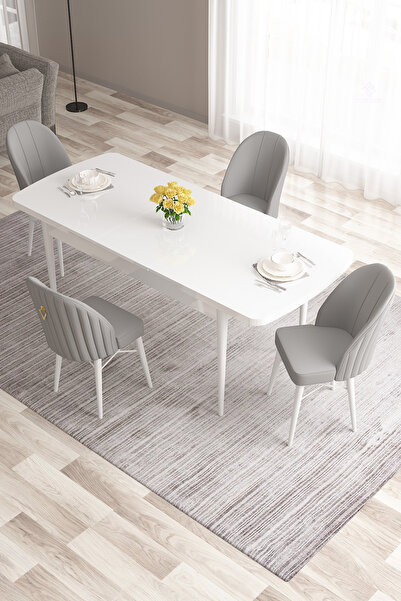 Canisa Roz Serisi 80x132 Mdf Açılabilir Beyaz Masa Takımı 4 Gri Sandalye