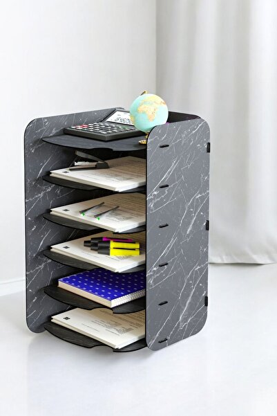 Evene Dosya Düzenleyici Masa Üstü Organizer Ahşap Evrak Rafı Siyah Mermer Renk Model 26