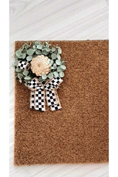 TASARİMECRN Kapı Önü Paspası Dama Kurdelalı Pastel Yeşil Okaliptus 40x70cm Sentetik Iç Ve Dış 10mm Dökülmez