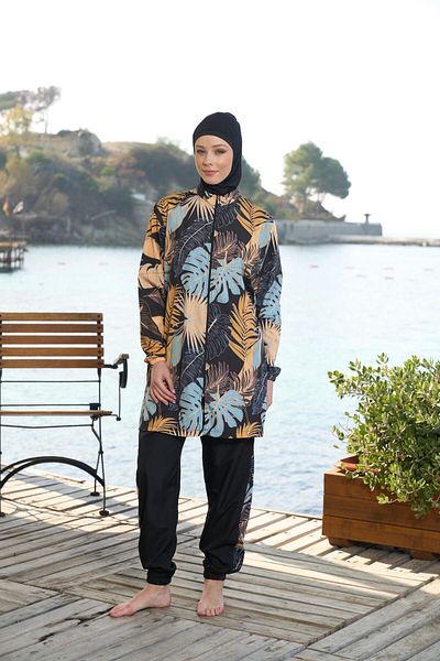 Estiva   Women's Full Covered Zippered Palm Patterned Hijab Swimsuit Black