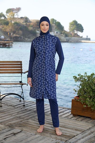 Estiva   Γυναικείο μαγιό Hijab με γεωμετρικό σχέδιο με φερμουάρ Μπλε Navy