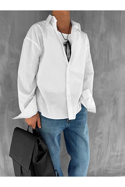 ablukaonline Ανδρικό μακρυμάνικο βασικό πουκάμισο Oversize Λευκό
