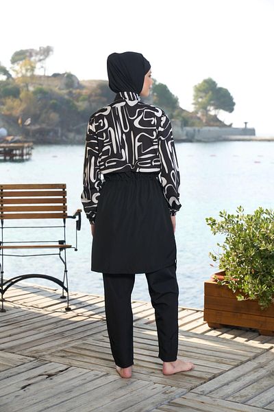 Estiva   Γυναικείο μαγιό Hijab με γεωμετρικό σχέδιο με πλήρως καλυμμένο κρόπ μαύρο