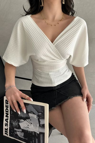 benimmodam V-Neck Back Cross Banded Ribbed Black Women's Blouse