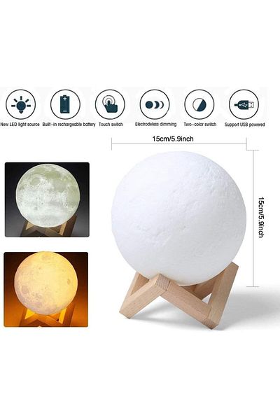 AWH 3D Full Moon Lamp – 15cm LED Night Light, Touch Control, USB Charging, Wooden Stand