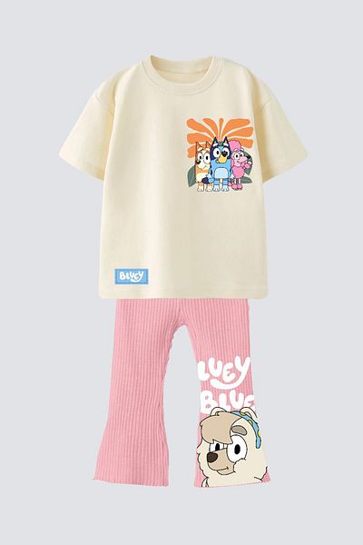 Monila Girl's Bluey Printed Cotton Tshirt and Spanish Leggings Bottom Top Set