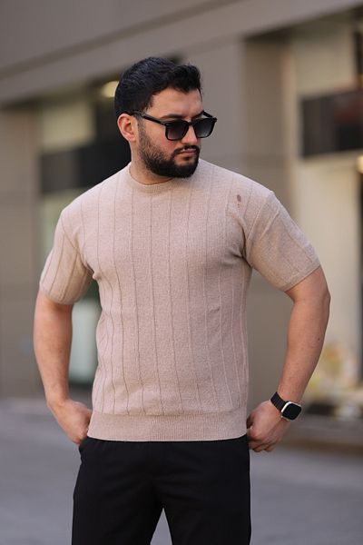 Cosy&Chic Ανδρικό πλεκτό μπλουζάκι με λαιμόκοψη σε μπεζ χρώμα