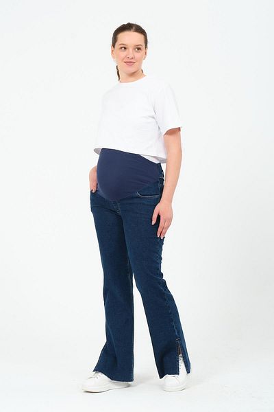 BUSA Maternity Stretchy Tummy Band, Wide Leg Side Slit, Adjustable Waist Jeans Trousers Dark Blue