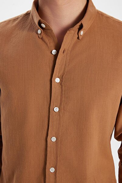 Tudors Men's Slim Fit Slim Fit 100% Cotton Linen Texture Button Collar Brown Shirt