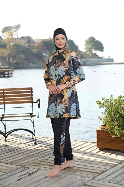 Estiva Γυναικείο μαγιό με φερμουάρ με σχέδιο παλάμης, μαύρο