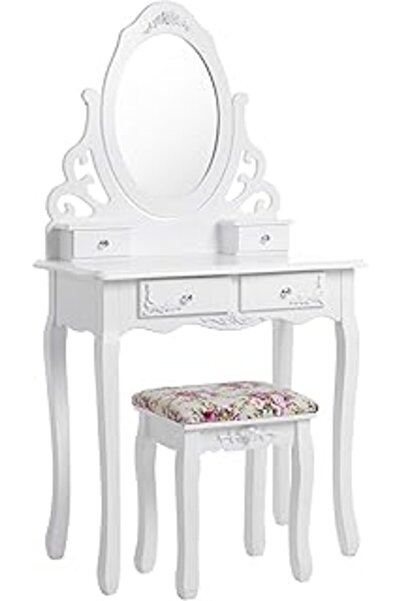 shop Songmics Makyaj Masası, Ayna Ve Tabure Ile Oyuk Makyaj Masası, 4 Çekmece, Eğim Koruması, Beyaz Rdt0