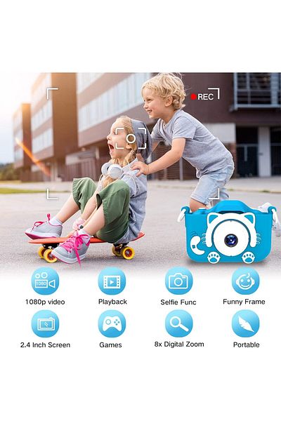 AWH 32GB Kids Camera, Digital Camcorder with Shockproof Cartoon Silicone Case, Includes SD Card
