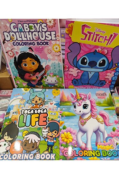 bundle island 4 adet stickerli boyama kitabı (unicorn,stitch,gabby's,toca boca figürlü)