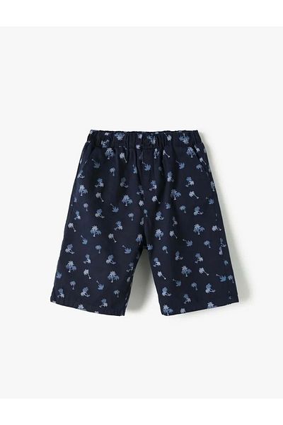 Koton Boy's Chino Cotton Shorts - Palm Print, Pocket, Navy Blue Print