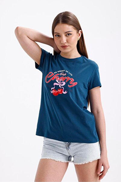 Miss Murem Petrolyeşil Cherry T-Shirt as Sweet as Life