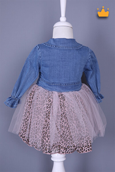 Babydola 0-3 Yaş Kot Kumaş Leopar Detaylı Kız Bebek Çocuk Bayramlık Elbise Pembe 15583