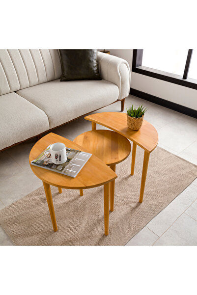 furnirem Güneş Ve Ay Elips Yan Sehpa 3'lü Zigon Set, Masif Doğal Ahşap - Meşe