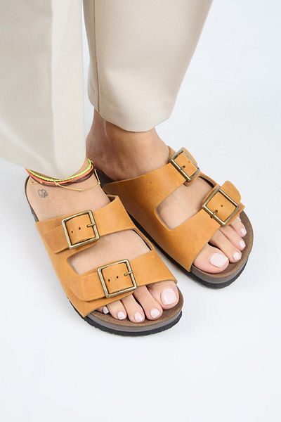 Manijero (Anjelic Tumbled) Women's Genuine Leather Double Buckle Taba Slippers