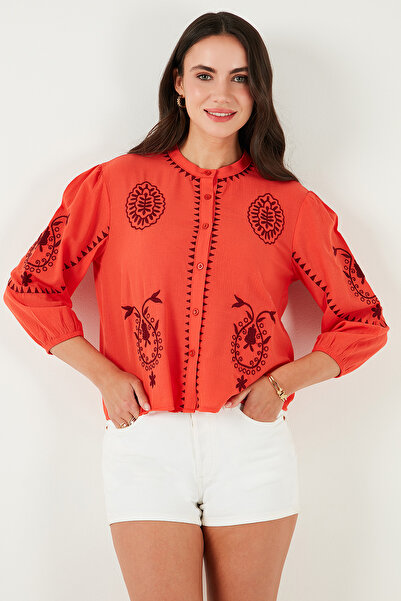 Lela Three Quarter Sleeve Judge Collar Cotton Sile Cloth Shirt 611Bz0044