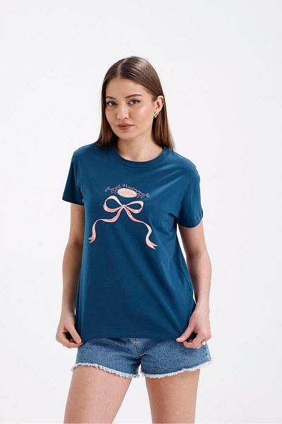Miss Murem Le Printemps Ribbon Print T-Shirt-Petroleum Green
