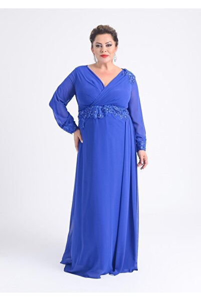 LİLAS XXL Plus Size Sax Colored Long Chiffon Evening Dress