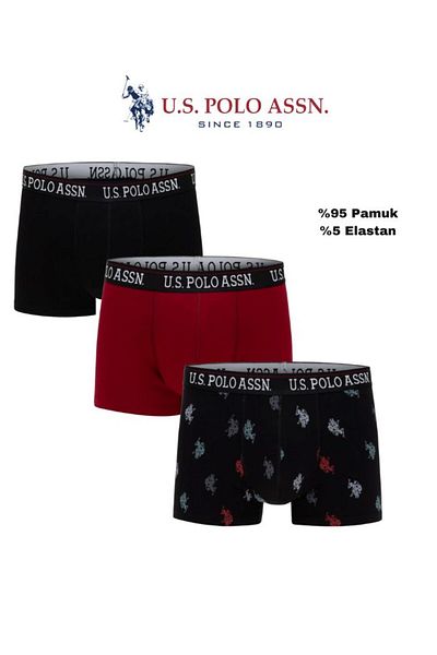 U.S. Polo Assn. Мъжки, Лицензиран, USPA, Ежедневен, Черно-бордо-Принтиран, 95% Памук, 5% Еластан Комплект от 3 части