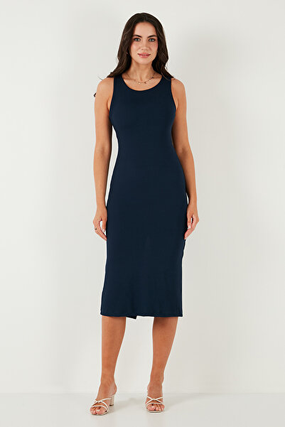 Lela Fitilli Slim Fit Bisiklet Yaka Yırtmaçlı Midi Boy Elbise ELBİSE 5866101