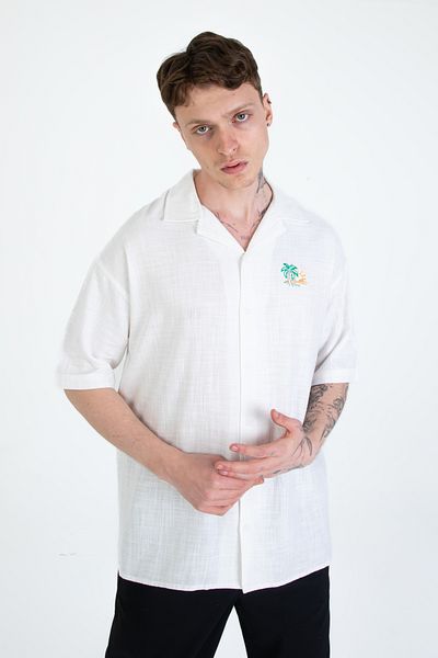 EGHO Мъжка спортна риза Relax Fit, ежедневна кройка, къс ръкав, ленена смес, бродирана яка, апликация, на гърдите