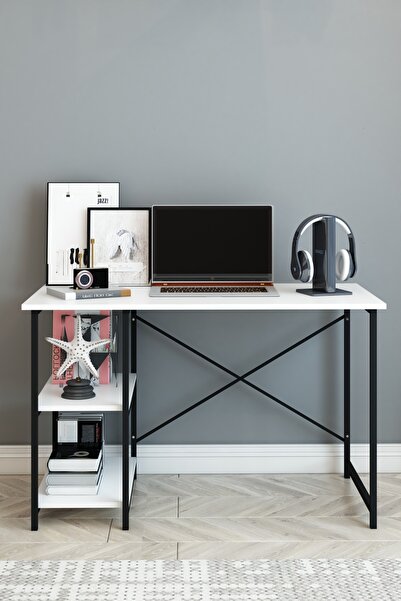 DizaynMotion 2 Raflı Çalışma Masası 60x120 - Bilgisayar Ofis Ders Masası Beyaz