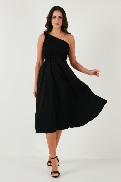 Lela Regular Fit Tek Omuz Belden Açılan Gipeli Midi Boy Elbise ELBİSE 67810248