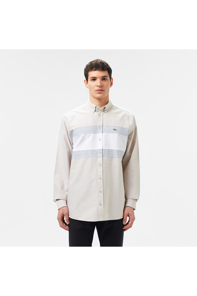 Lacoste Erkek Regular Fit Düğmeli Yaka Çizgili Gri Gömlek