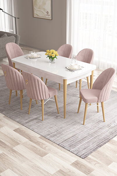Canisa Roz Serisi 80x132 Mdf Beyaz Doğal Ahşap Ayaklı Masa Takımı Ve 6 Pembe ...