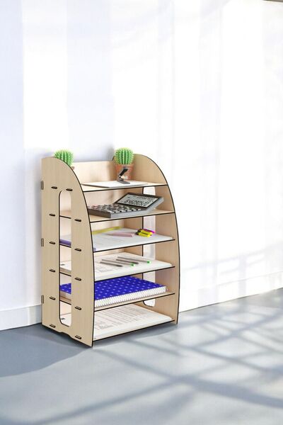 Evene Dosya Düzenleyici Masa Üstü Organizer Ahşap Evrak Rafı Açık Bej Renk Model 66