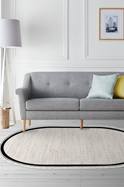 Dekoreko Kaymaz Dijital Mutfak & Salon Halı Saray Deri Saçaklı Oval Dokuma E5...