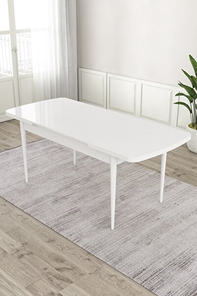Canisa Roz Serisi 80x132 Mdf Açılabilir Beyaz Mutfak Masası Takımı 6 Gold Halkalı Su Yeşili Sandalye