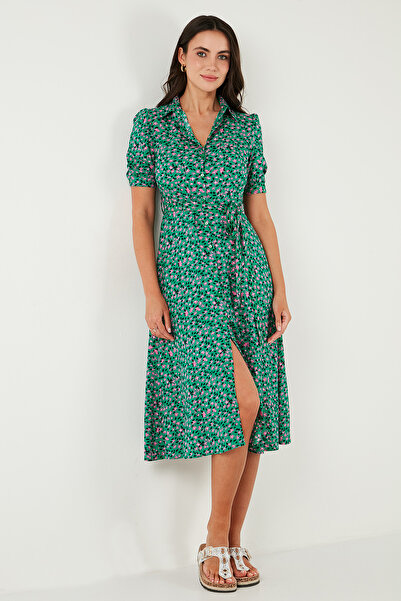 Lela Desenli Regular Fit Yırtmaçlı Midi Boy Kemerli Gömlek Elbise ELBİSE 6782106