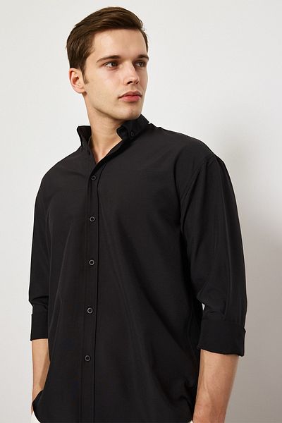 MADZEYMODA Първокласна мъжка черна риза с дълъг ръкав LS-19830