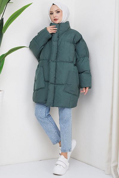 hafsamina Φουσκωτό παλτό με τσέπη Oversize Green HM2317