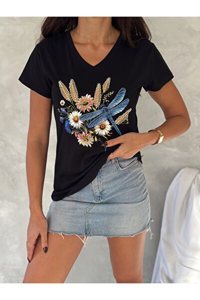 Esra Butik Hane Γυναικείο μπλουζάκι από βαμβακερό βαμβακερό μπλουζάκι με παγιέτες με λαιμόκοψη σε μαύρο χρώμα