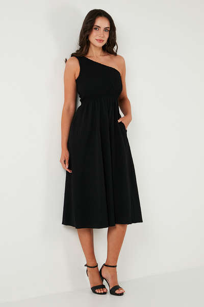 Lela Regular Fit Tek Omuz Belden Açılan Gipeli Midi Boy Elbise ELBİSE 67810248