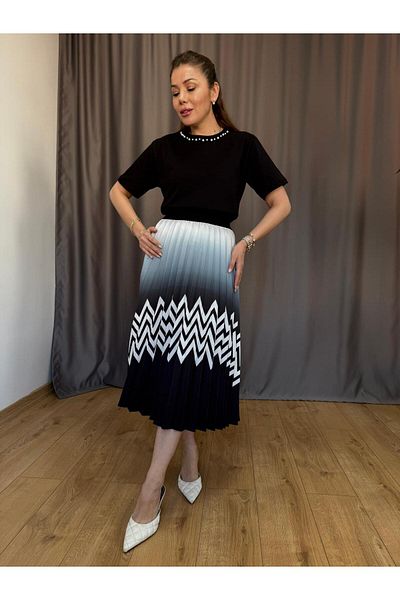 Size Özgü Fusta plisată neagră cu model în zig-zag