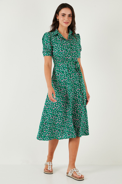 Lela Desenli Regular Fit Yırtmaçlı Midi Boy Kemerli Gömlek Elbise ELBİSE 6782106