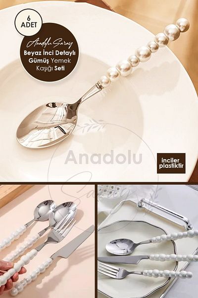 Anadolu Saray 6 Pieces White Plastic Pearl Stone Detailed Silver Tablespoon Set |   6 Piece Luxury Dinner Spoon Set