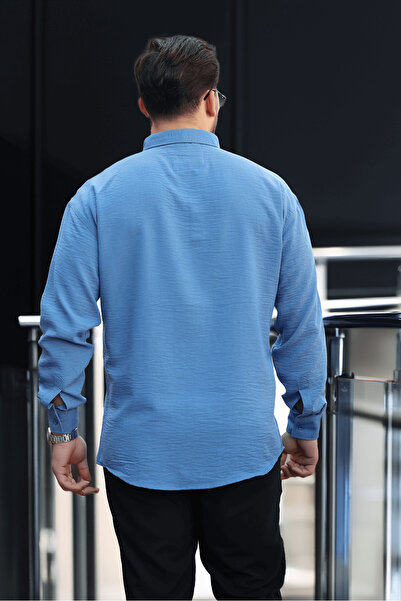 Valiberta Ανδρικό πουκάμισο με μακρυμάνικο μισό μεγάλο μέγεθος Pera Fabric Linen Look - Μπλε