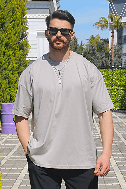 EydaMoon Men's Stone Oversize Single Jersey 100% Cotton Fabric Crew Neck T-Shirt